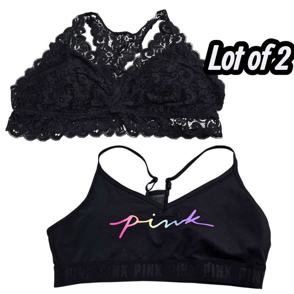 Aeropostale PINK Bralette Lot of 2 XL Black Lace Sports Bra Activewear 2pc Y2K